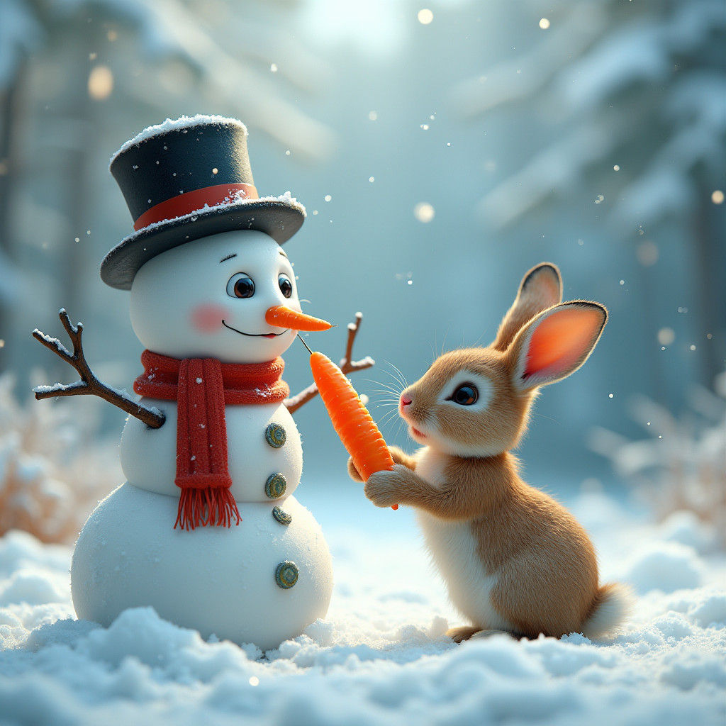 Snowman's Surprising Carrot Gift in Winter Wonderland