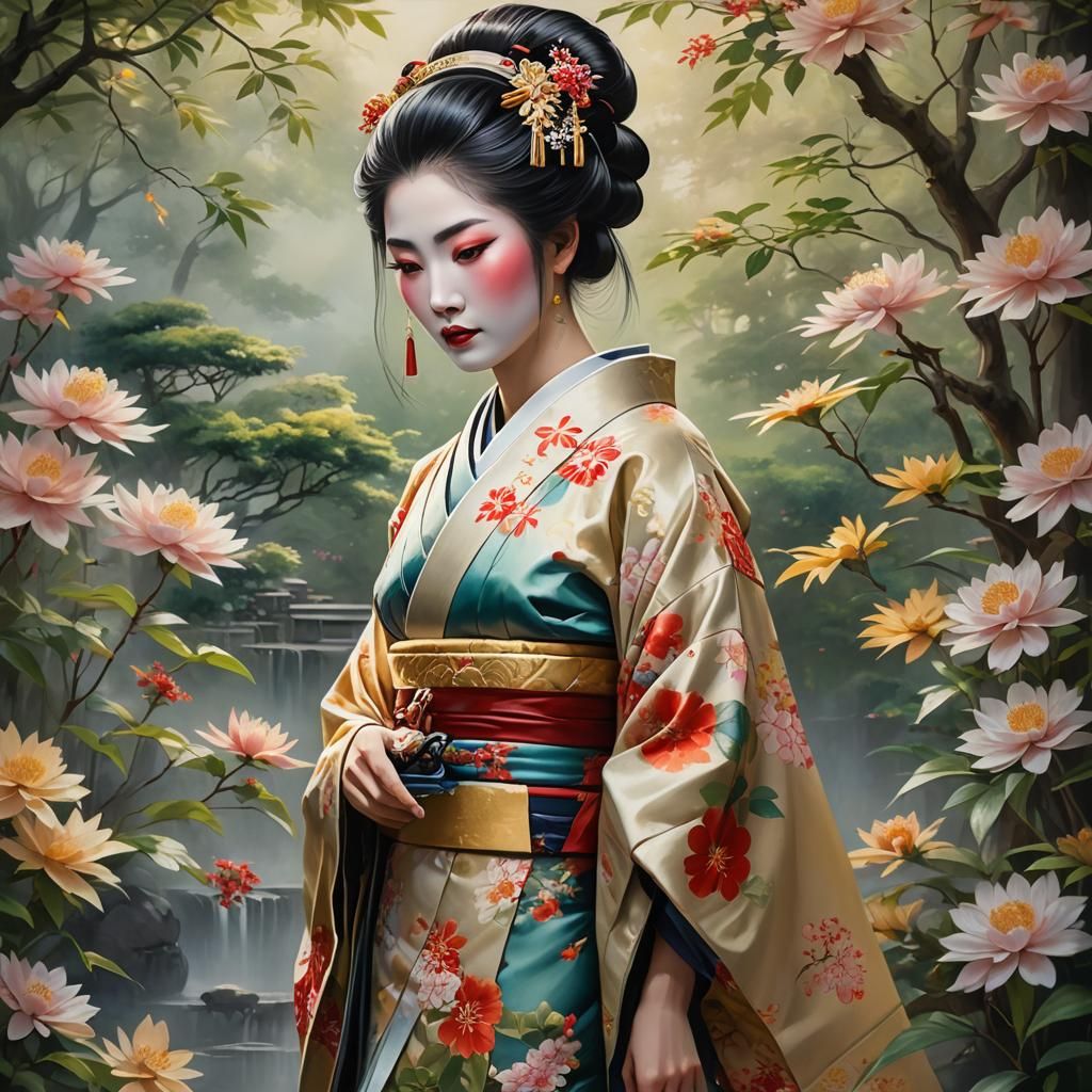 Fantasy Geisha in Japanese Garden: Photorealistic Oil Painti...