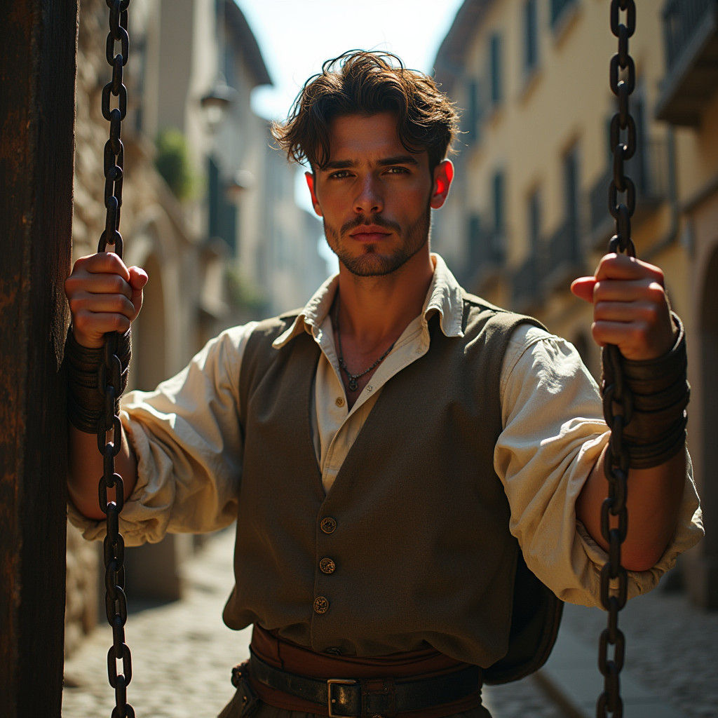 Chiseled Prisoner in Stocks: 17th Century Scene