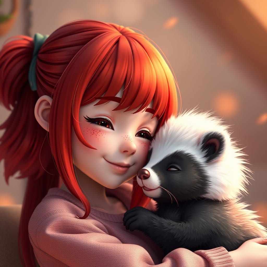 Charming Anime Girl Meets Her Fuzzy Skunk Friend in a Dreamy...