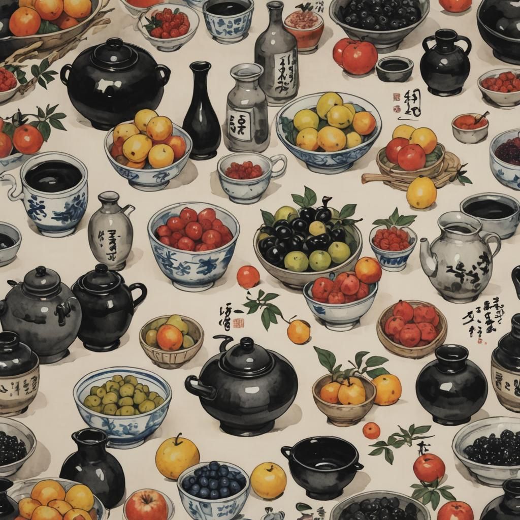 Korean Ink Painting: Still Life with Fruit