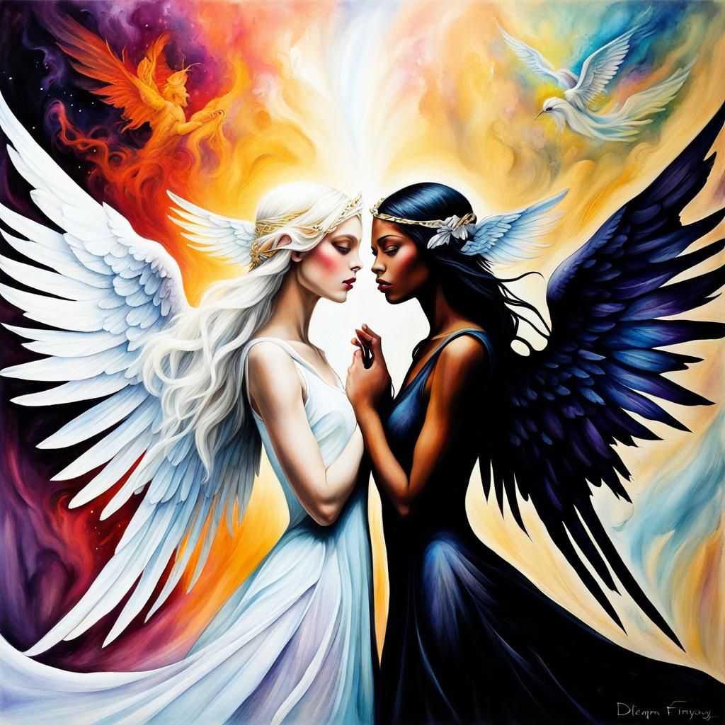 Angels Double Exposure in Tattoo Style