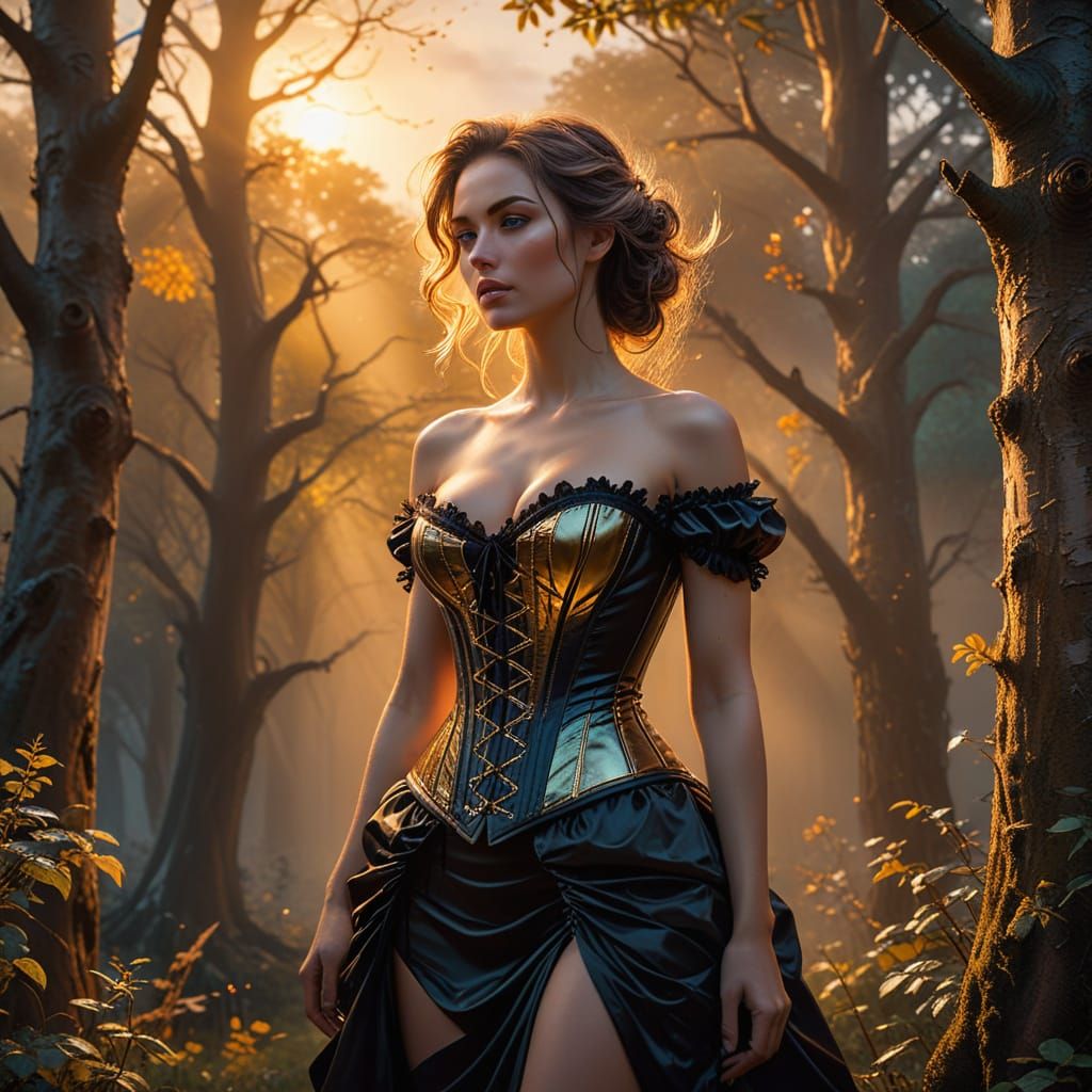 Woman in Corset Among Trees, Vibrant Oil Painting