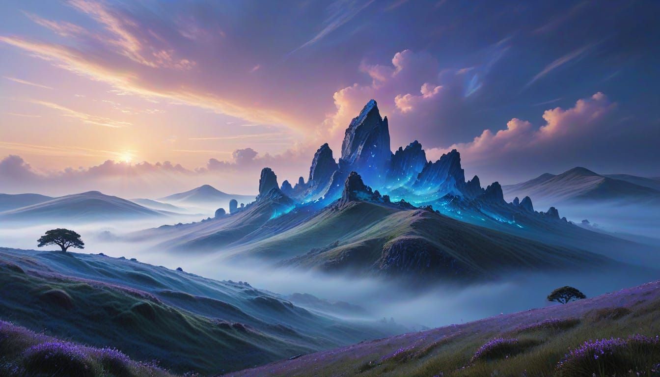 Ethereal Misty Landscape with Sapphire Sky