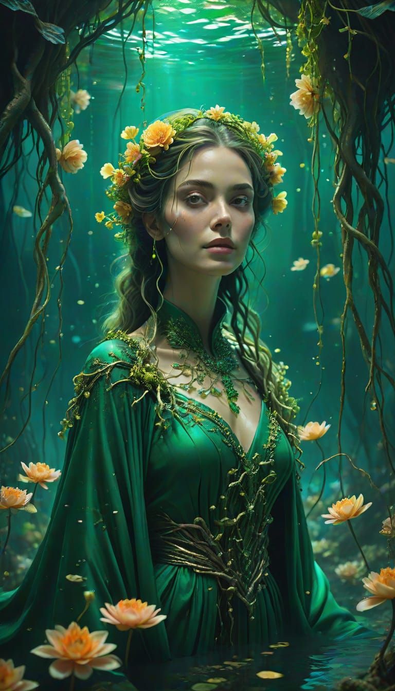 "Close-up shot of a beautiful woman in green royal robes, su...