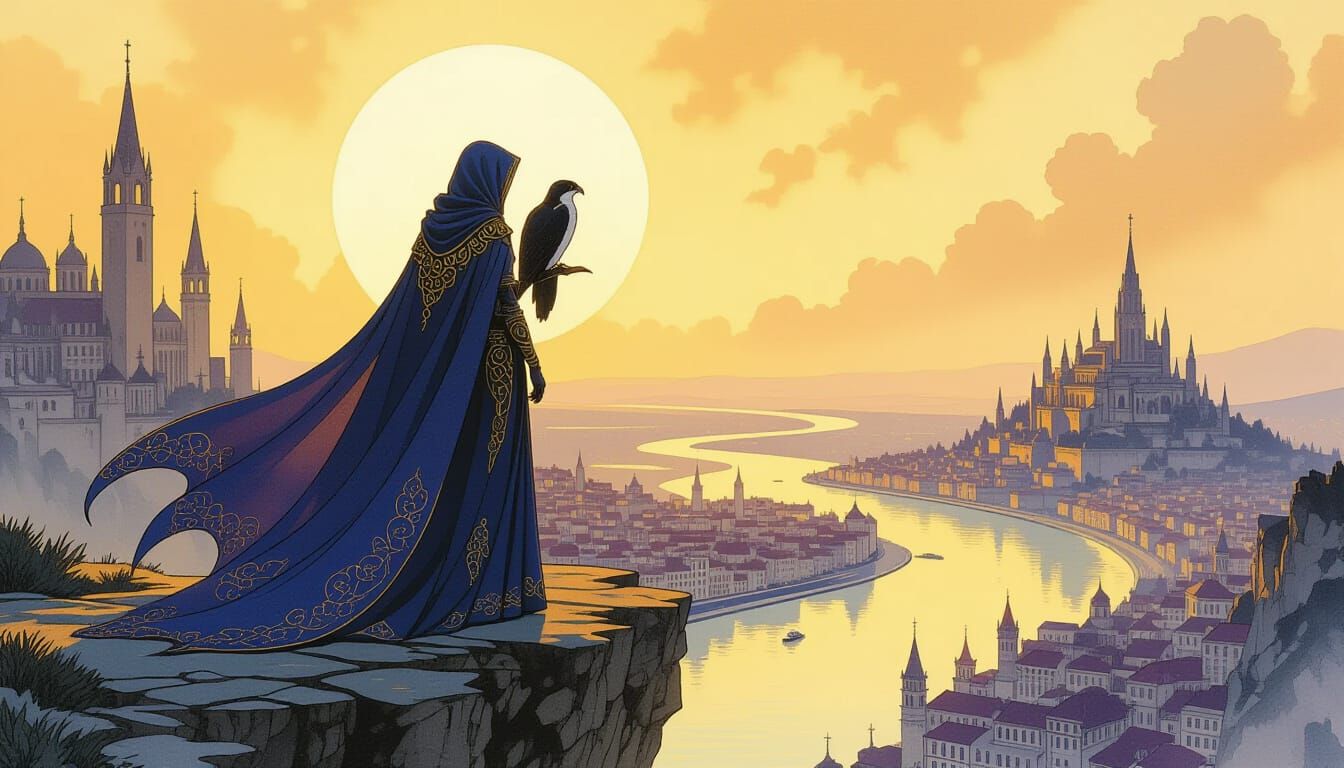 Hooded Lady Overlooking City in Art Nouveau Style