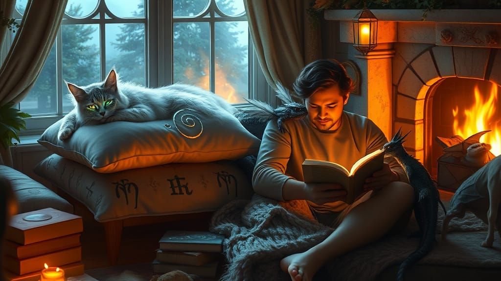 Cozy Mystical Living Room with Magical Pets