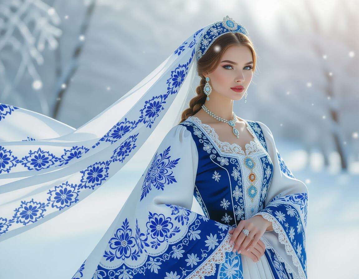 Ethereal Russian Woman in Blue & White Lace Attire