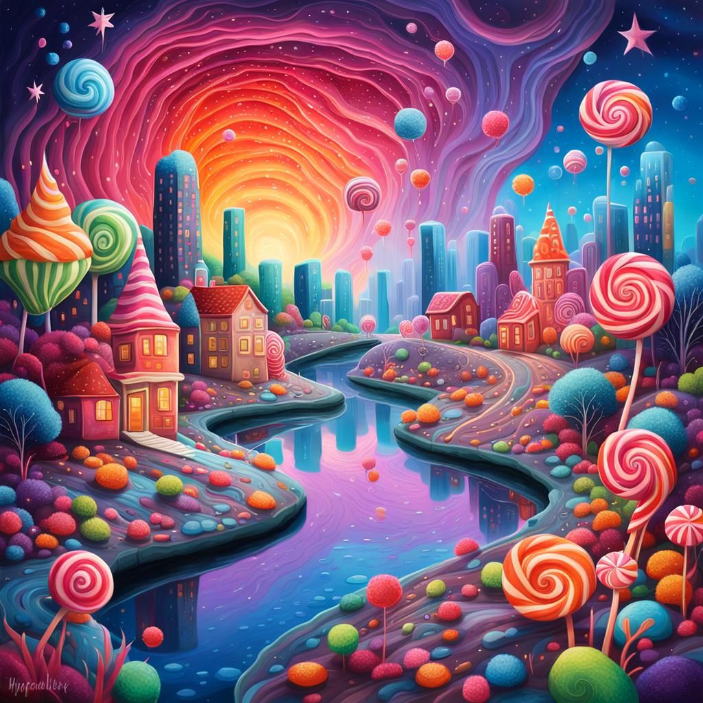 Candy Cityscape with Cosmic Sky, Digital Illustration