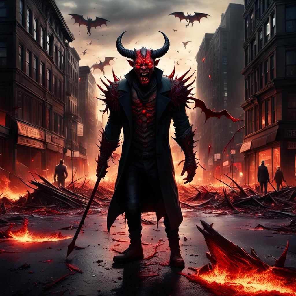 Demons Terrorize City Street in Dark Fantasy Painting