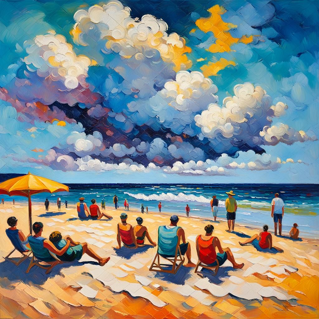 Serene Beach Scene in Neo-Impressionist Style