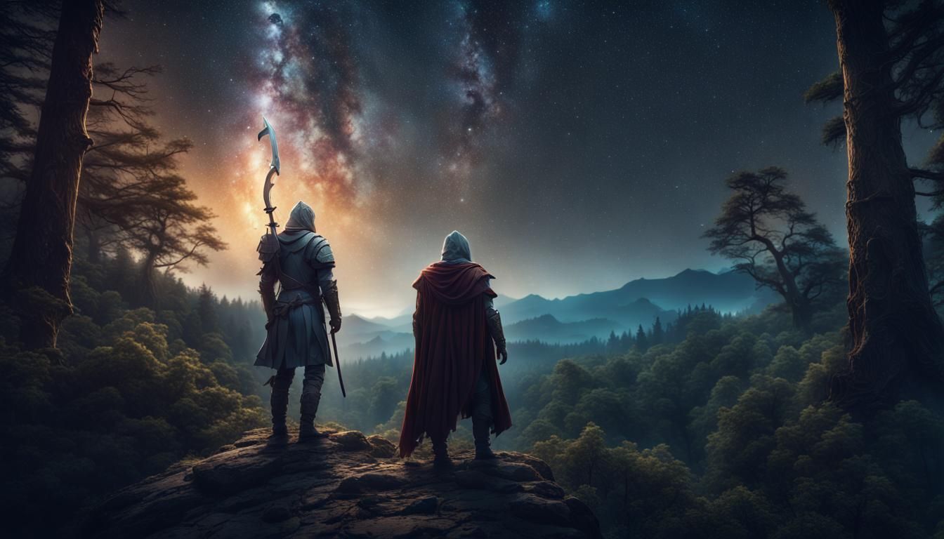 Medieval Warrior Watches Comet Fall in Starry Sky