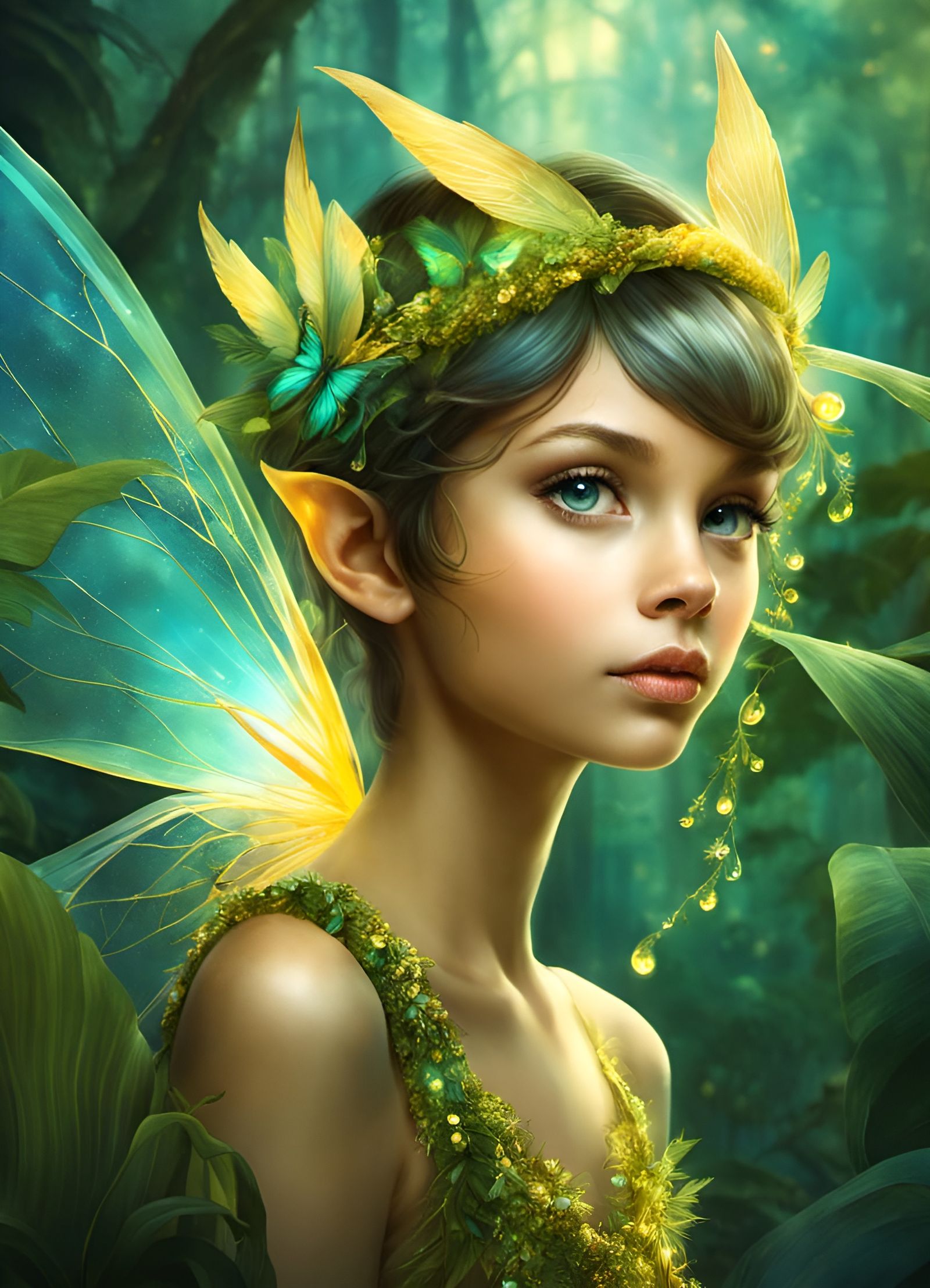 Opalescent Fairy in Bioluminescent Jungle, Digital Art