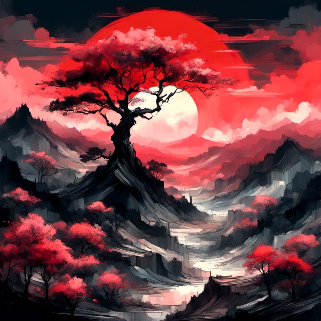 Mystical landscape under the red moonlight
