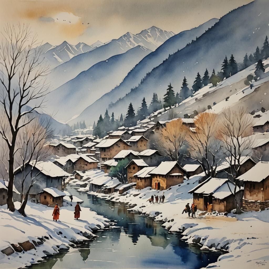 Winter in Kashmir: Watercolour Painting