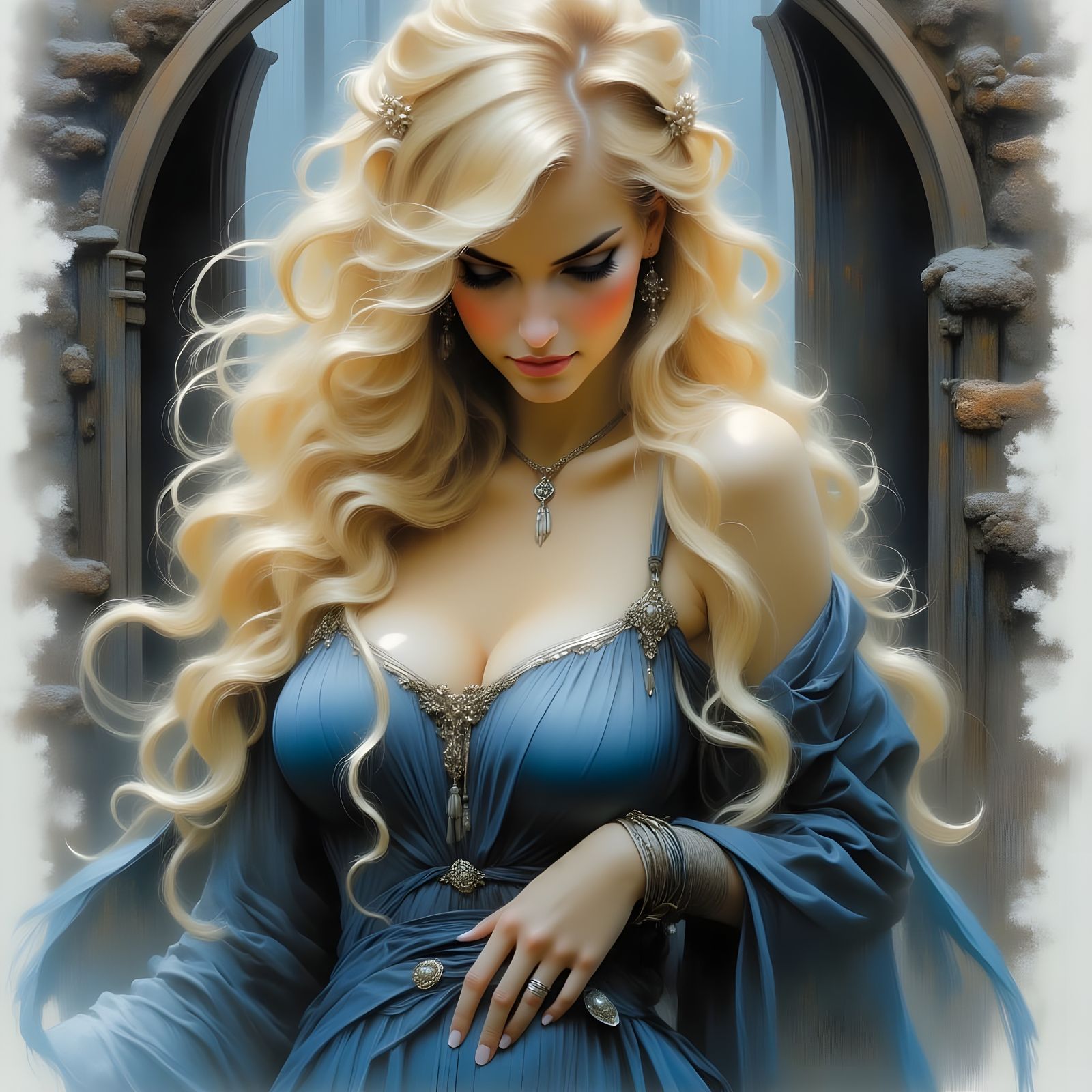 Norse Goddess with Blonde Hair in Diaphanous Dress