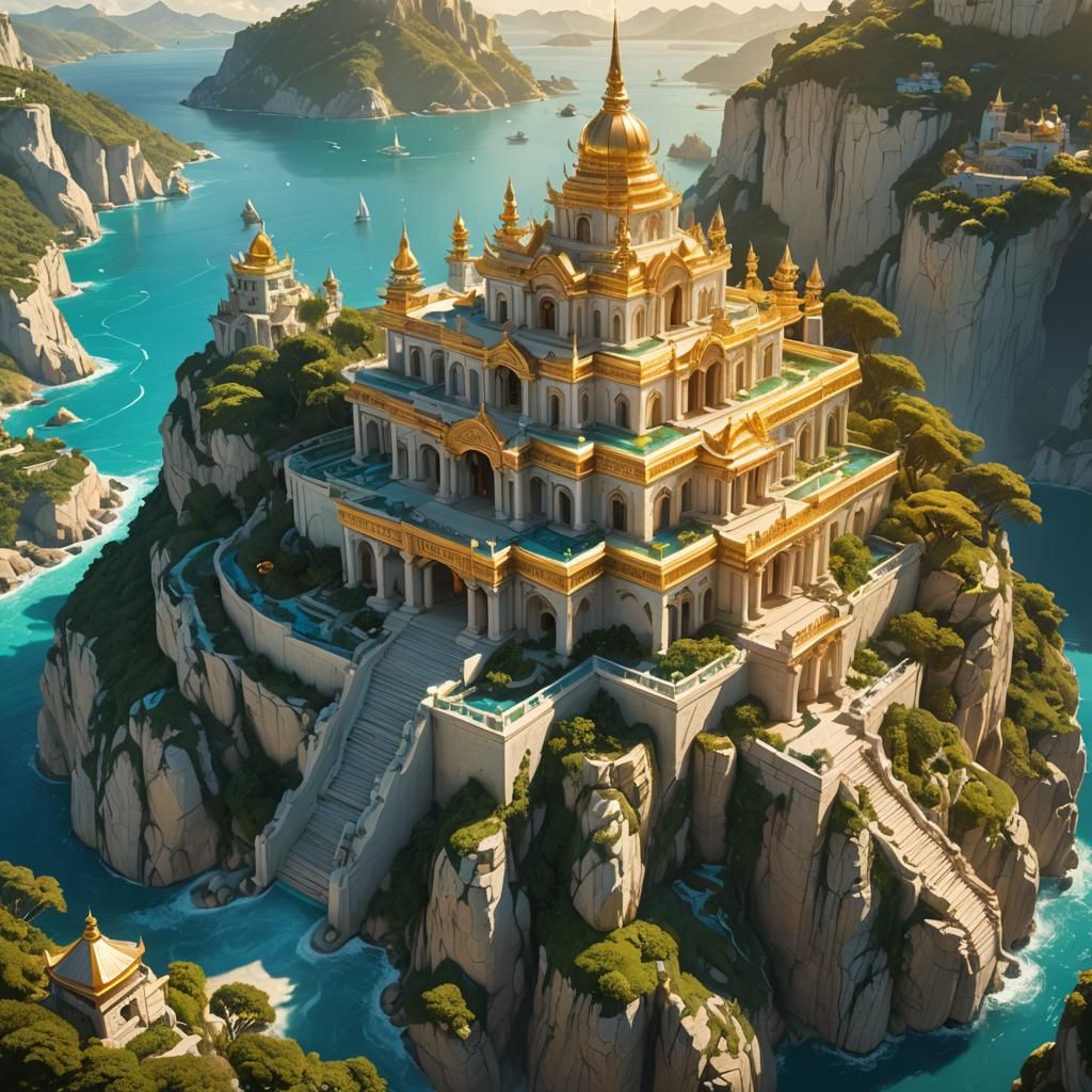 Sunlit Temple Overlooking Turquoise Ocean, Fantasy Art