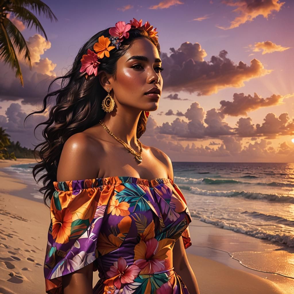 Cuban Woman Smoking Cigar on Tropical Beach