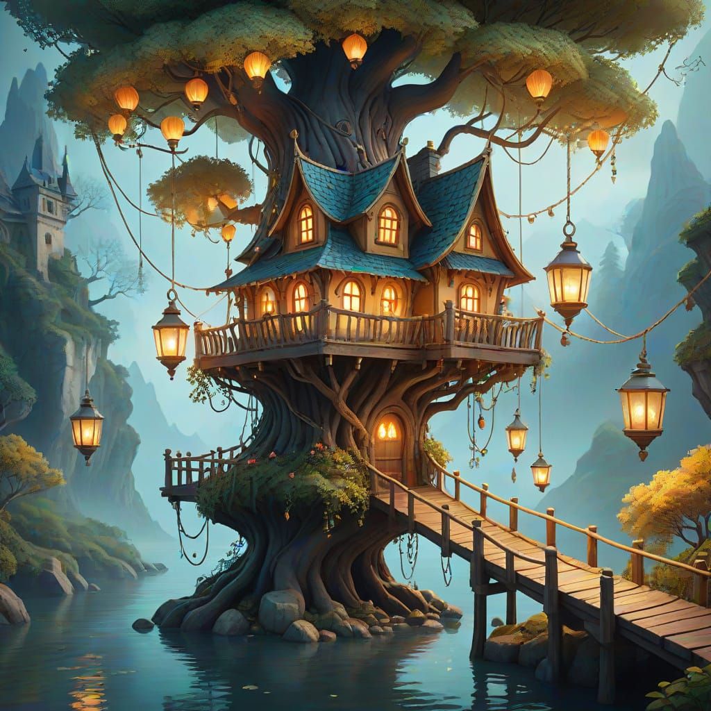 Cozy Treehouse in Whimsical Fantasy Style