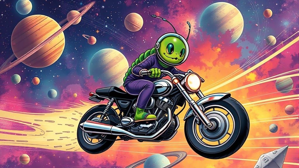 Caterpillar's Galactic Ride in Comic Book Style