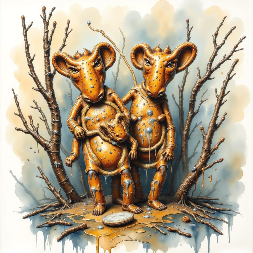 Abstract Ink Art with Whimsical Characters