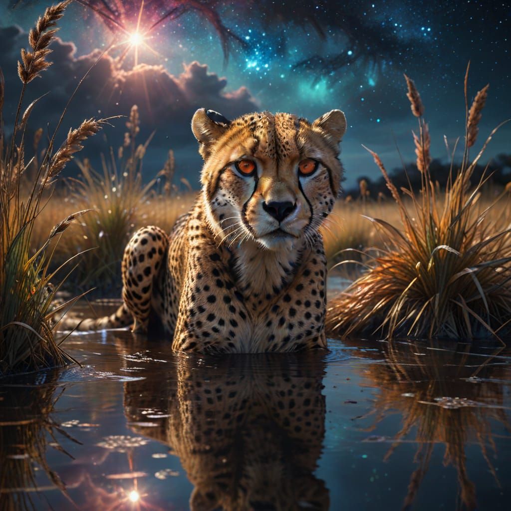 Dark Fantasy Cheetah Meets Reflection in Nebula Sky