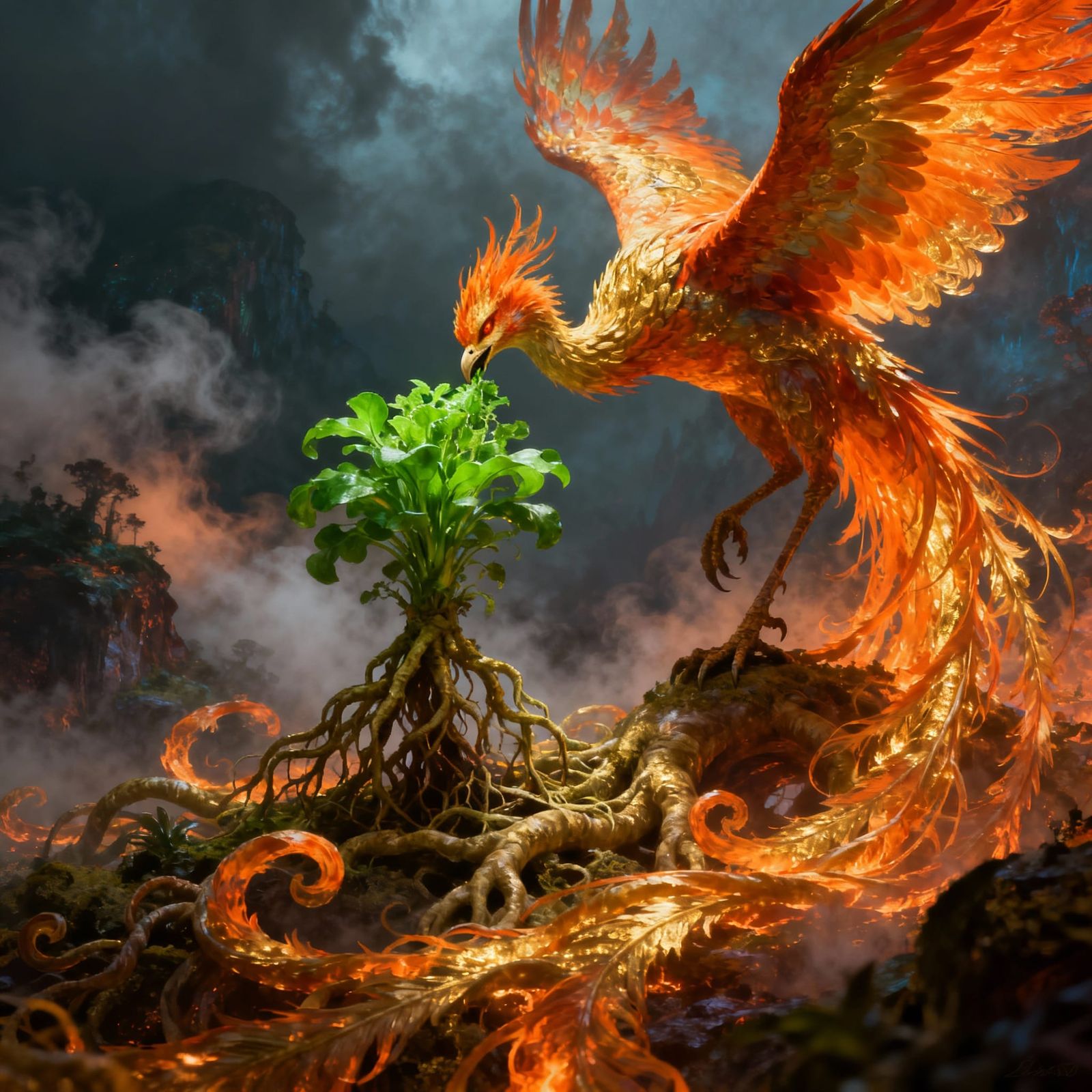 Phoenix Consuming Plant in Mystical Landscape