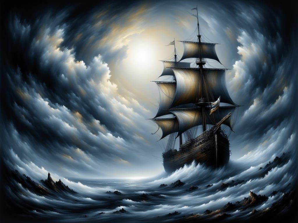 Majestic Galleon Cuts Through Turbulent Waters Under Crescen...