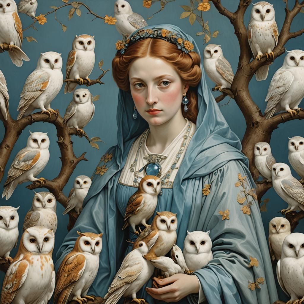 Woman with Owls in Ethereal Northern Renaissance Style
