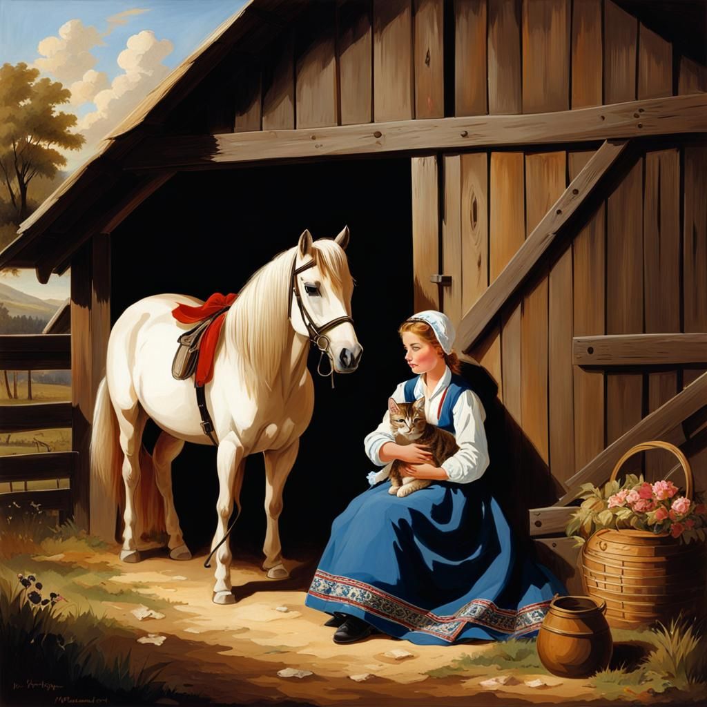 Girl with Pony in Barn, Classical Style