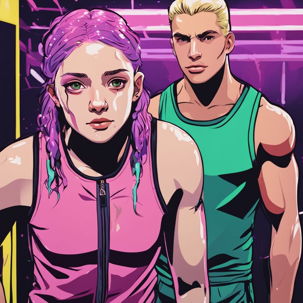 A teenage Female swimmer who has purple hair and pink eyes a...