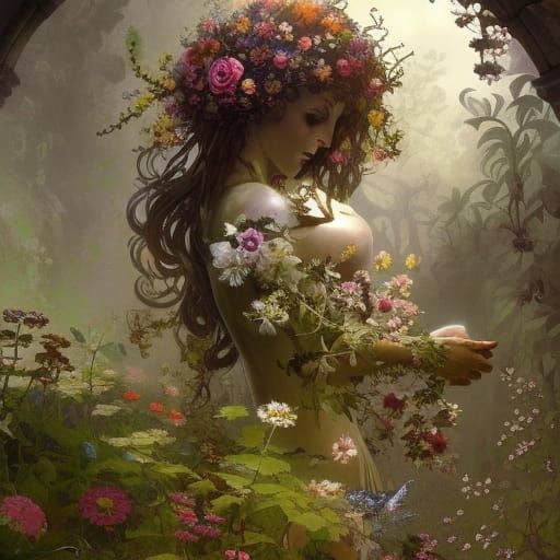 Gothic Flower Garden Portrait in Hyperdetailed Style