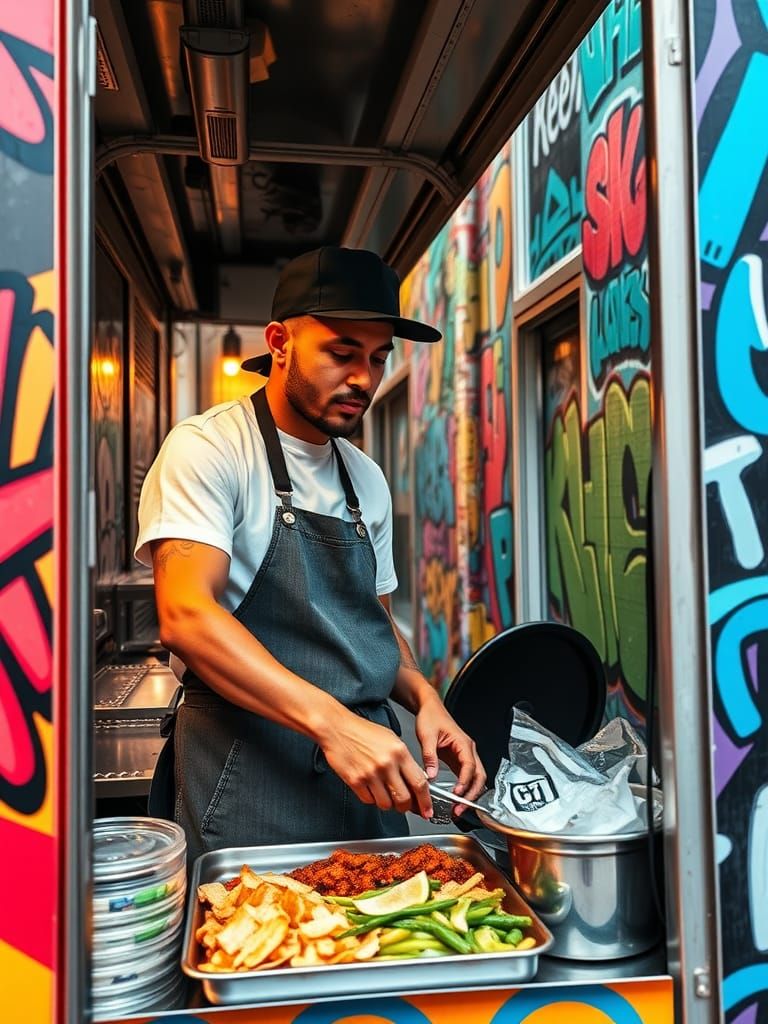 Urban chef selling Street Food from a Graffiti-styled Food Truck