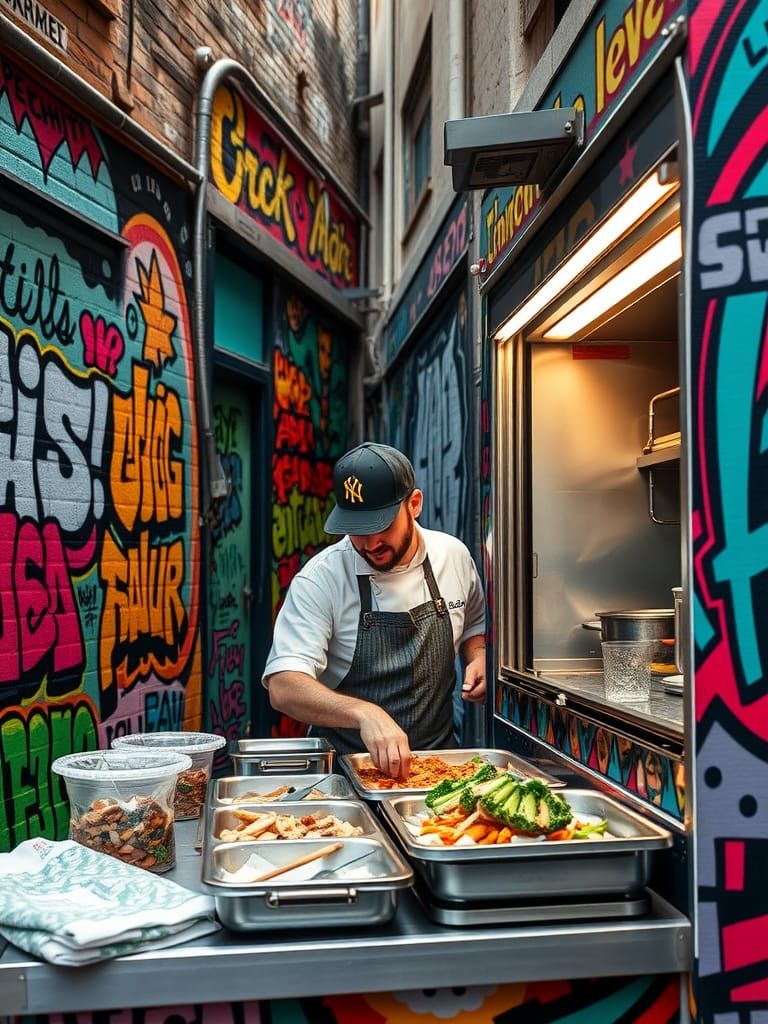 Urban chef selling Street Food from a Graffiti-styled Food Truck