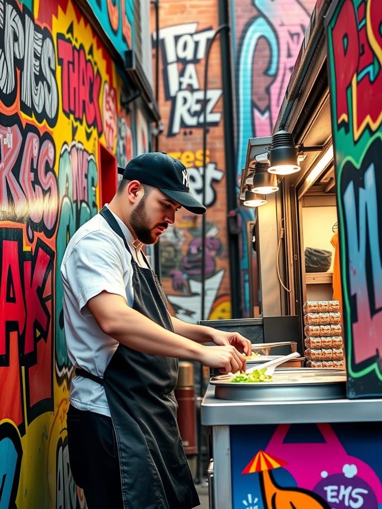 Urban chef selling Street Food from a Graffiti-styled Food Truck