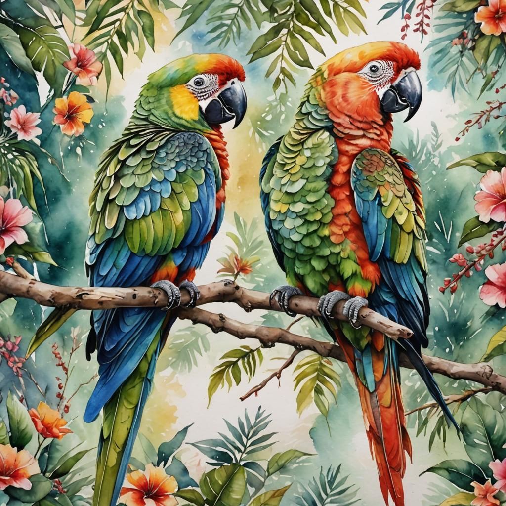 Colorful Watercolor Painting of Parrots on Branch
