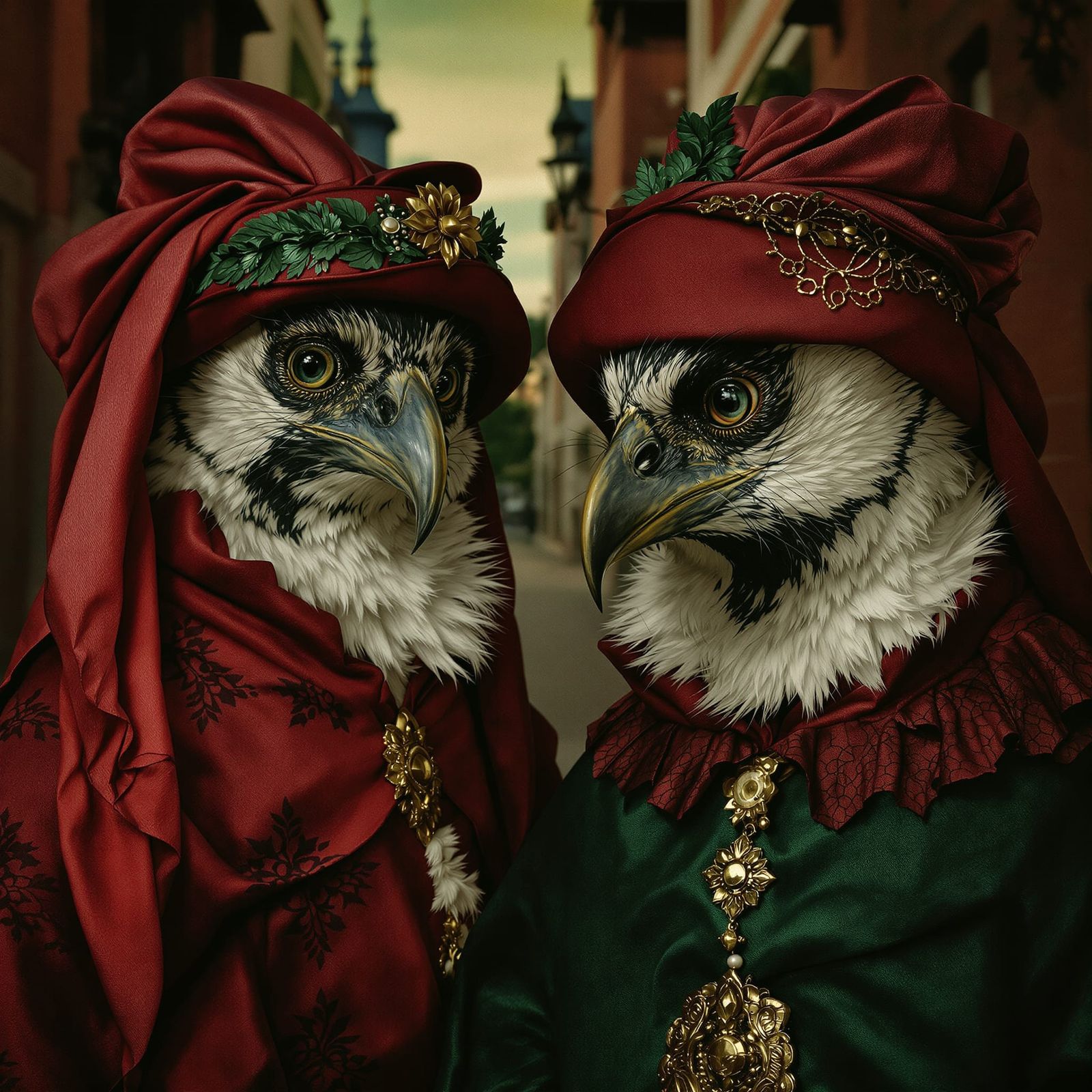 a picture of two people, wearing cloth hats and robes, in th...