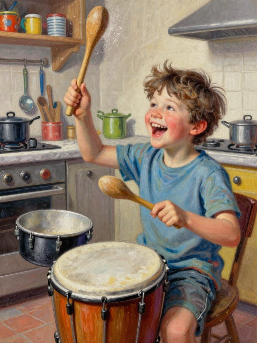 Joyful Child Drumming on Kitchen Pots and Pans