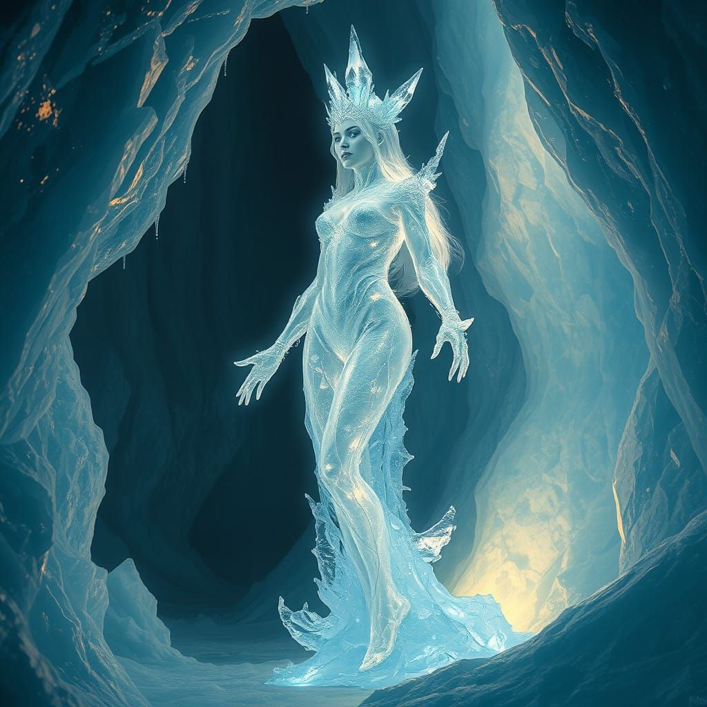 Crystal Woman Illuminated in Elysian Ice Cave