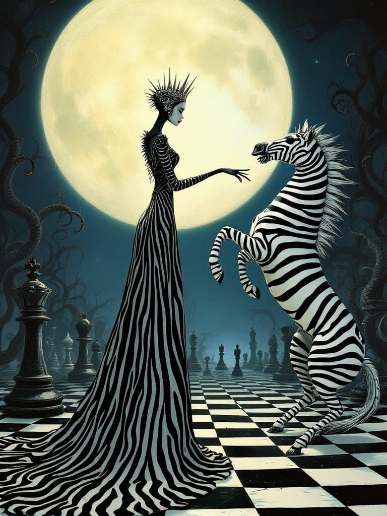 Gothic Queen in Moonlit Chessboard Fantasy