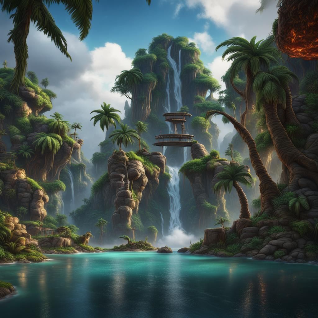 Tropical Island Waterfall in Detailed Fantasy Art