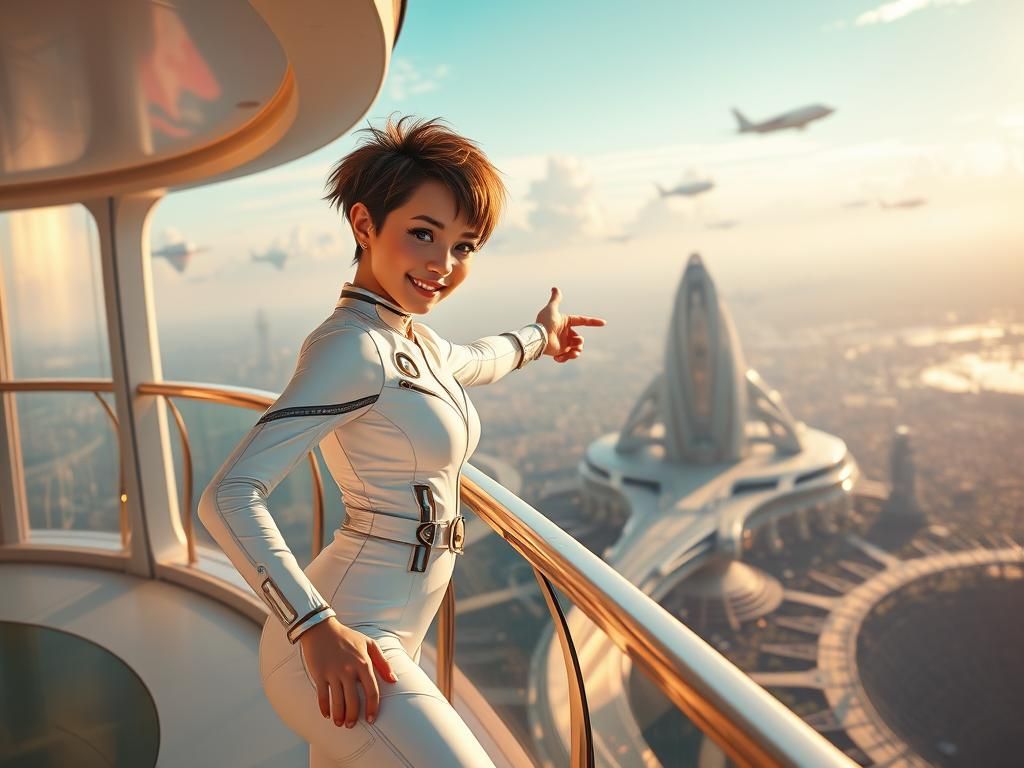 Girl on Flying City Terrace in Futuristic Matte Painting