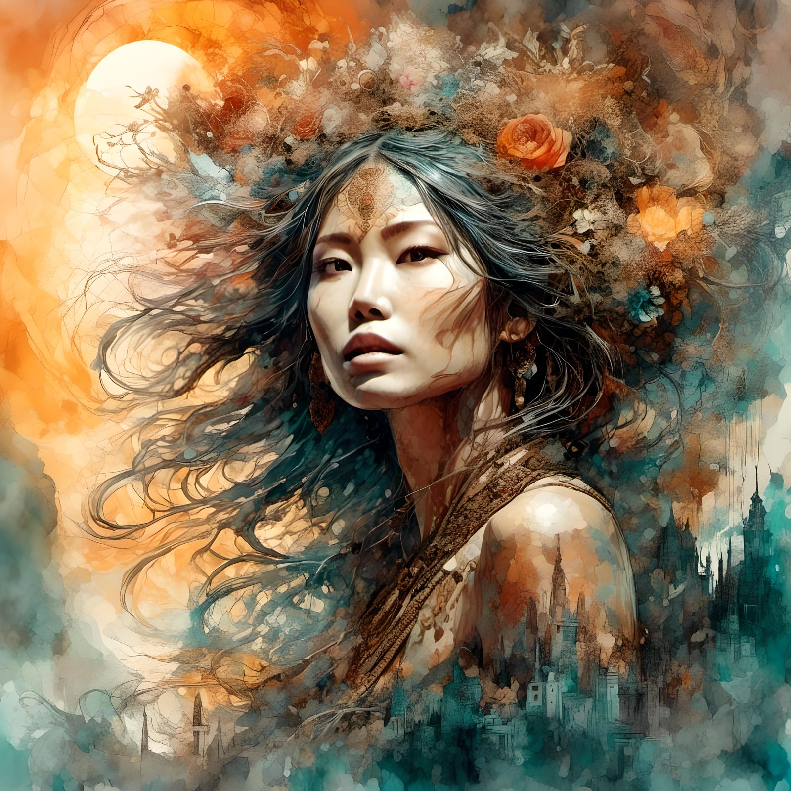 Asian Goddess in Watercolor Fantasy Landscape