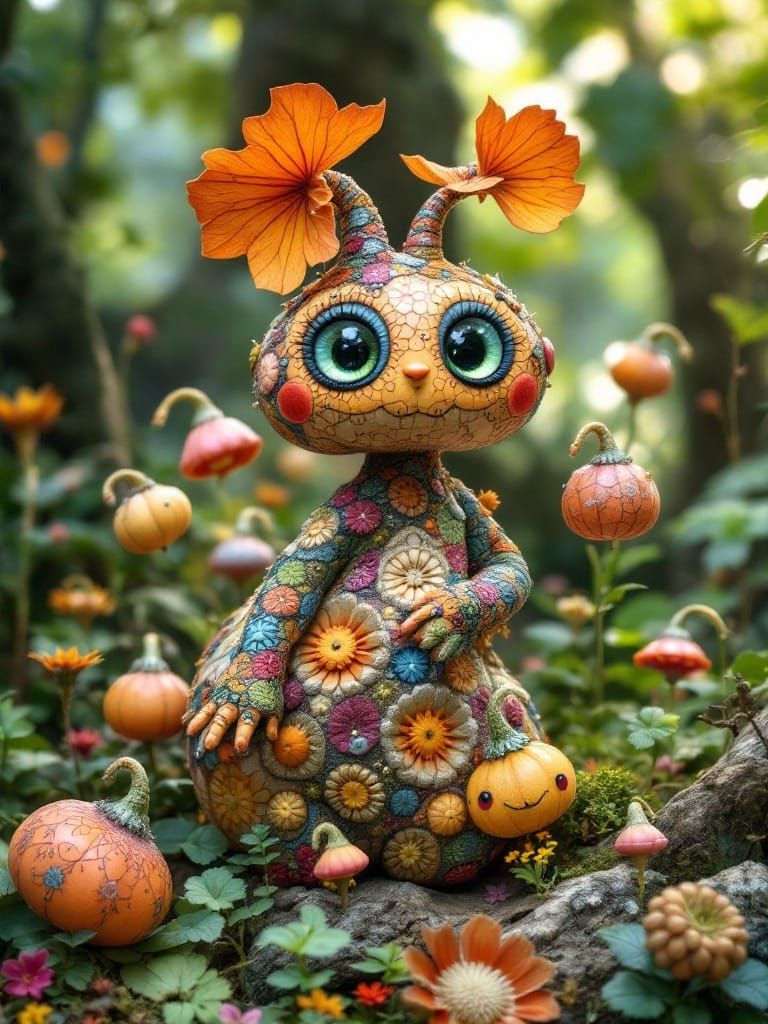 Patchwork Creatures Climb Gourd Tree: CGI Fantasy Art