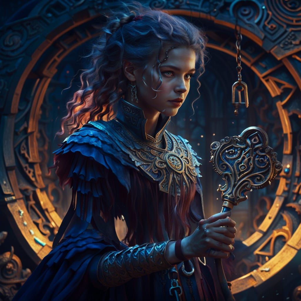 Mysterious Girl in Labyrinth Holding Key