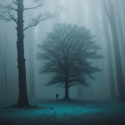 Lone Figure Emerges in a Dreamlike Forest Landscape