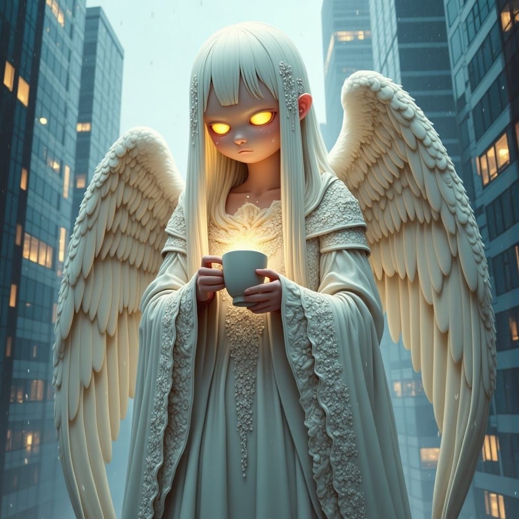 Angel in Coffee-Filled Storm atop Modern Skyscraper