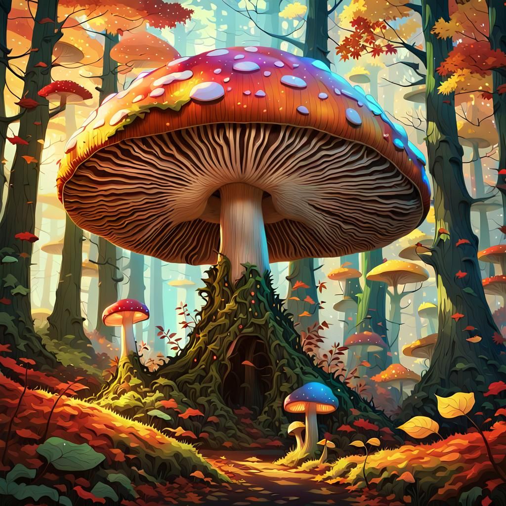 Giant Mushroom in Autumn Forest, Digital Art