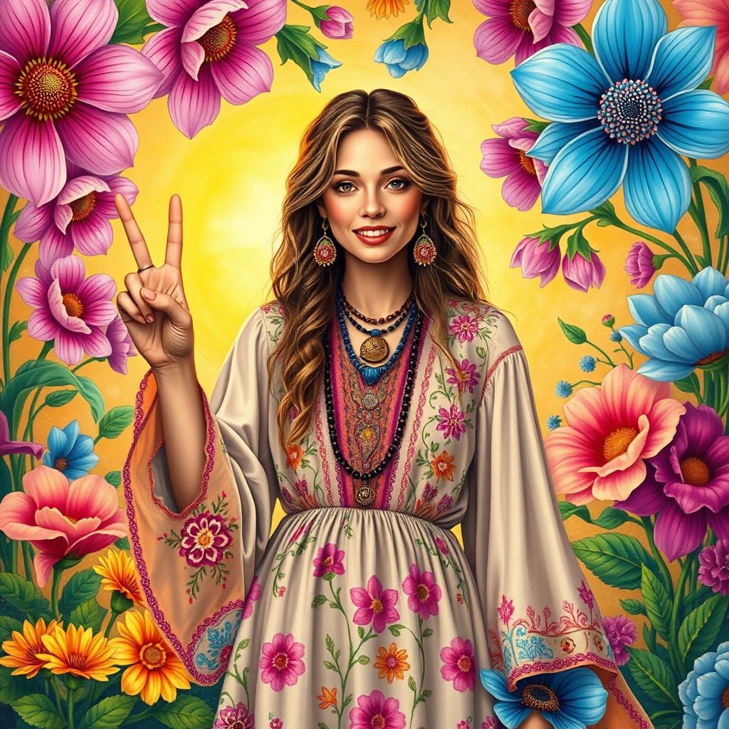 Psychedelic Hippie Goddess in Whimsical Floral Wonderland