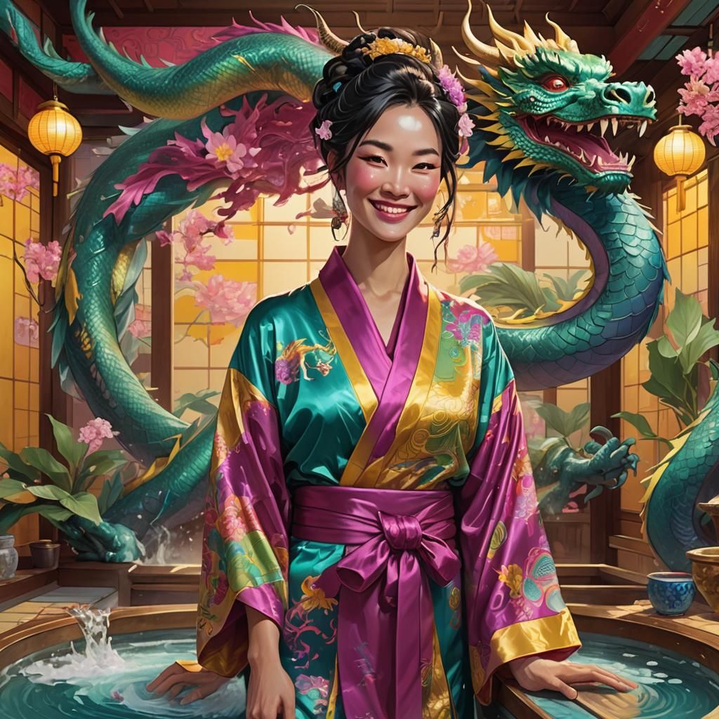 Woman in Kimono in Bath House, Moebius-Inspired Art